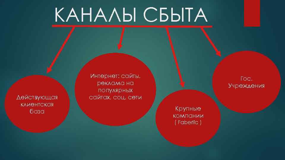 КАНАЛЫ СБЫТА Действующая клиентская база Интернет: сайты, реклама на популярных сайтах, соц. сети Гос.
