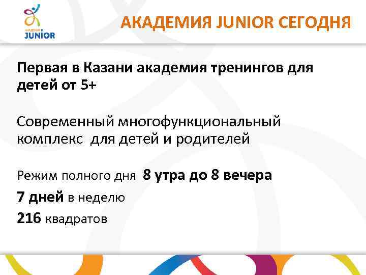 АКАДЕМИЯ JUNIOR СЕГОДНЯ Первая в Казани академия тренингов для детей от 5+ Современный многофункциональный