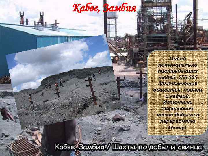Кабве, Замбия Число потенциально пострадавших людей: 255 000 Загрязняющие вещества: свинец и кадмий. Источники