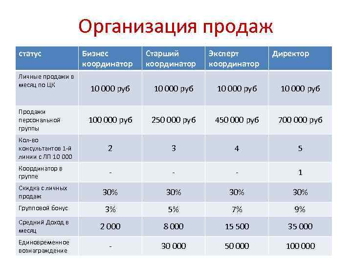 Организация продаж статус Бизнес координатор Старший координатор Эксперт координатор 10 000 руб 100 000