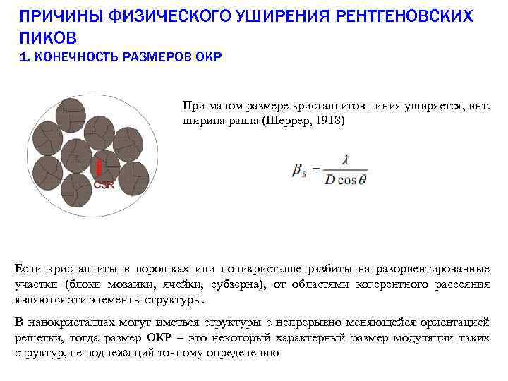 ПРИЧИНЫ ФИЗИЧЕСКОГО УШИРЕНИЯ РЕНТГЕНОВСКИХ ПИКОВ 1. КОНЕЧНОСТЬ РАЗМЕРОВ ОКР При малом размере кристаллитов линия