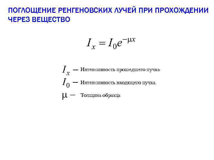ПОГЛОЩЕНИЕ РЕНГЕНОВСКИХ ЛУЧЕЙ ПРИ ПРОХОЖДЕНИИ ЧЕРЕЗ ВЕЩЕСТВО Интенсивность прошедшего пучка Интенсивность входящего пучка Толщина