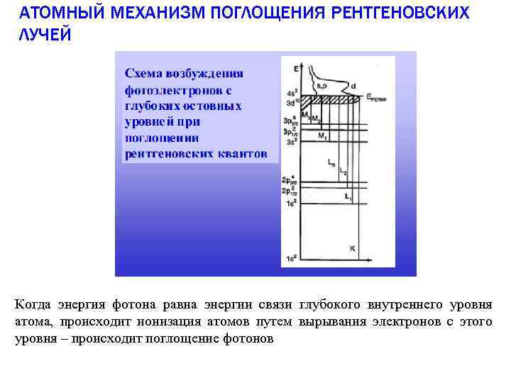 АТОМНЫЙ МЕХАНИЗМ ПОГЛОЩЕНИЯ РЕНТГЕНОВСКИХ ЛУЧЕЙ Когда энергия фотона равна энергии связи глубокого внутреннего уровня