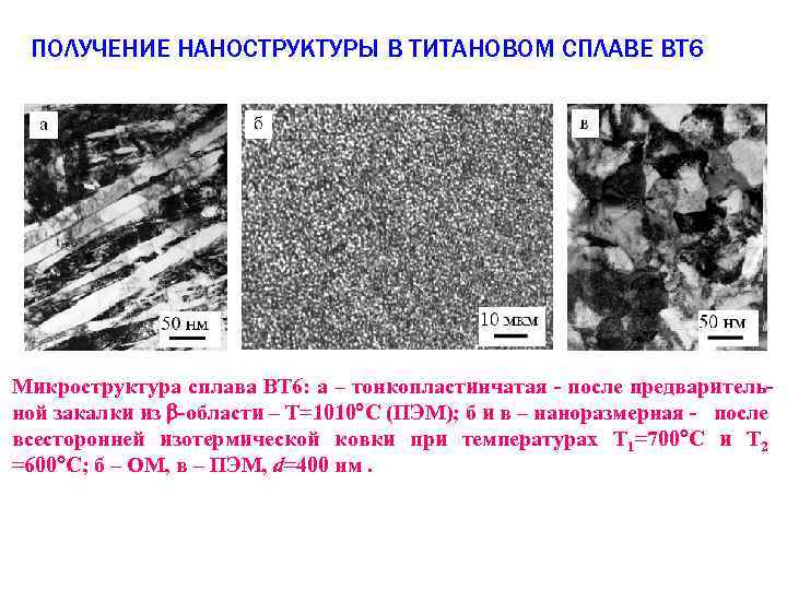 ПОЛУЧЕНИЕ НАНОСТРУКТУРЫ В ТИТАНОВОМ СПЛАВЕ ВТ 6 Микроструктура сплава ВТ 6: а – тонкопластинчатая