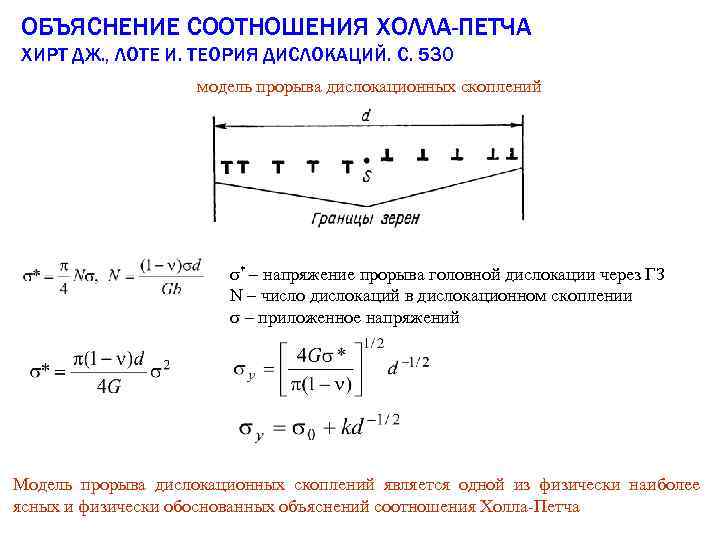 ОБЪЯСНЕНИЕ СООТНОШЕНИЯ ХОЛЛА-ПЕТЧА ХИРТ ДЖ. , ЛОТЕ И. ТЕОРИЯ ДИСЛОКАЦИЙ. С. 530 модель прорыва