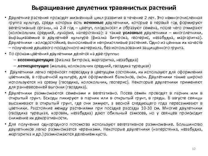 Выращивание двулетних травянистых растений • Двулетние растения проходят жизненный цикл развития в течение 2
