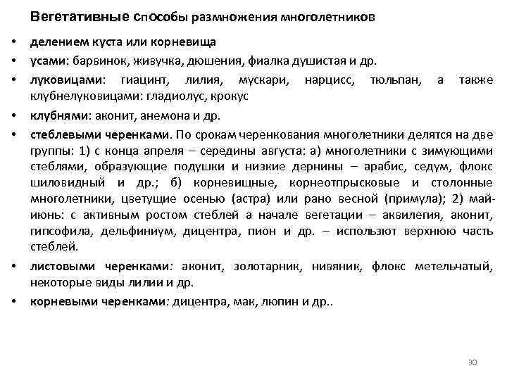 Вегетативные способы размножения многолетников • • делением куста или корневища усами: барвинок, живучка, дюшения,