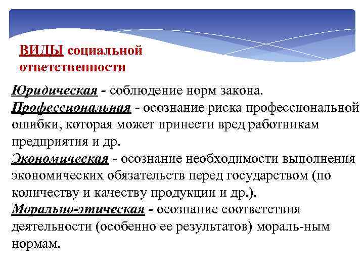 ВИДЫ социальной ответственности Юридическая - соблюдение норм закона. Профессиональная - осознание риска профессиональной ошибки,