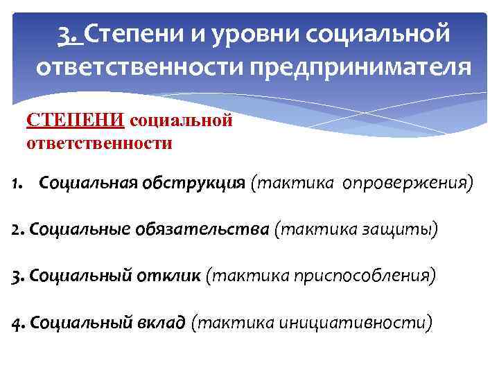 3. Степени и уровни социальной ответственности предпринимателя СТЕПЕНИ социальной ответственности 1. Социальная обструкция (тактика