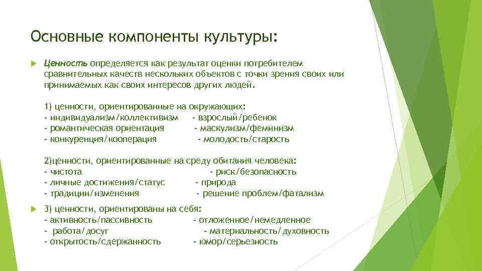 Основные компоненты культуры: Ценность определяется как результат оценки потребителем сравнительных качеств нескольких объектов с