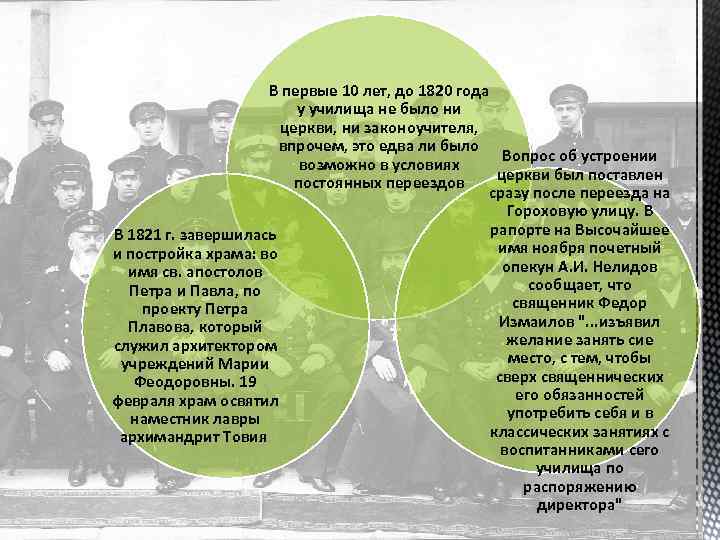 В первые 10 лет, до 1820 года у училища не было ни церкви, ни