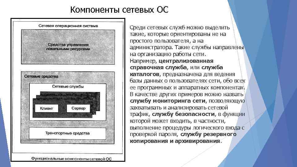 Компоненты сетевых ОС Среди сетевых служб можно выделить такие, которые ориентированы не на простого