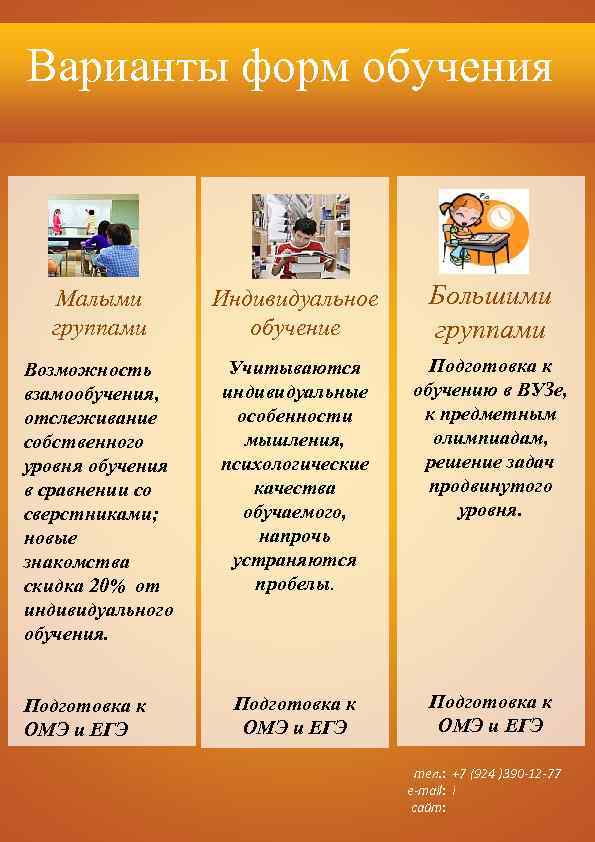 Варианты форм обучения Малыми группами Индивидуальное обучение Большими группами Возможность взамообучения, отслеживание собственного уровня