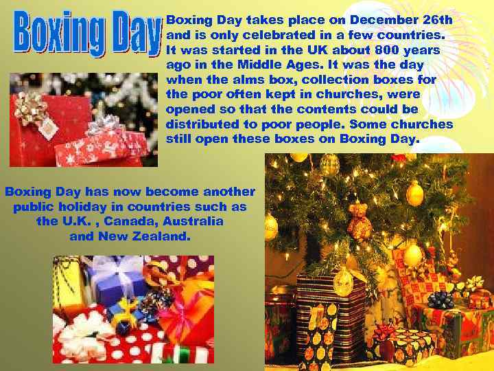 Boxing Day takes place on December 26 th and is only celebrated in a