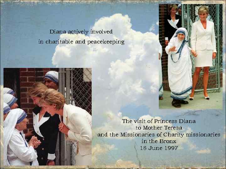 Diana actively involved in charitable and peacekeeping The visit of Princess Diana to Mother