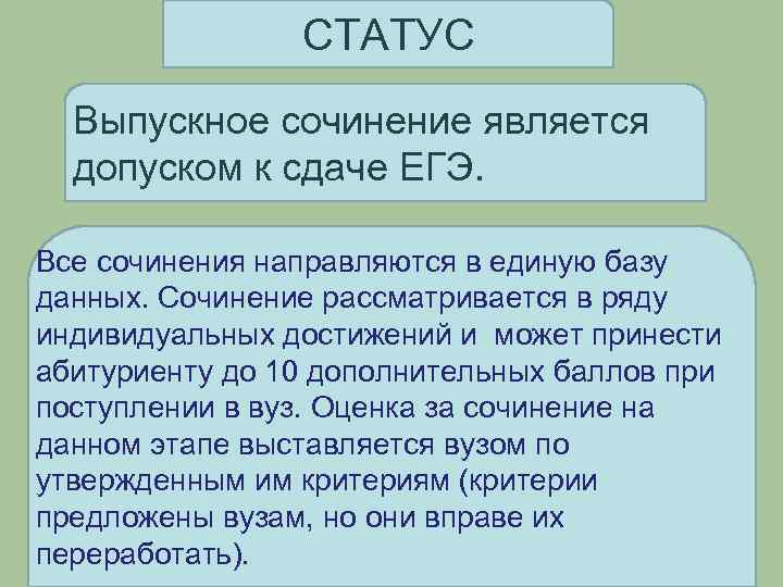 СТАТУС Выпускное сочинение является допуском к сдаче ЕГЭ. Все сочинения направляются в единую базу