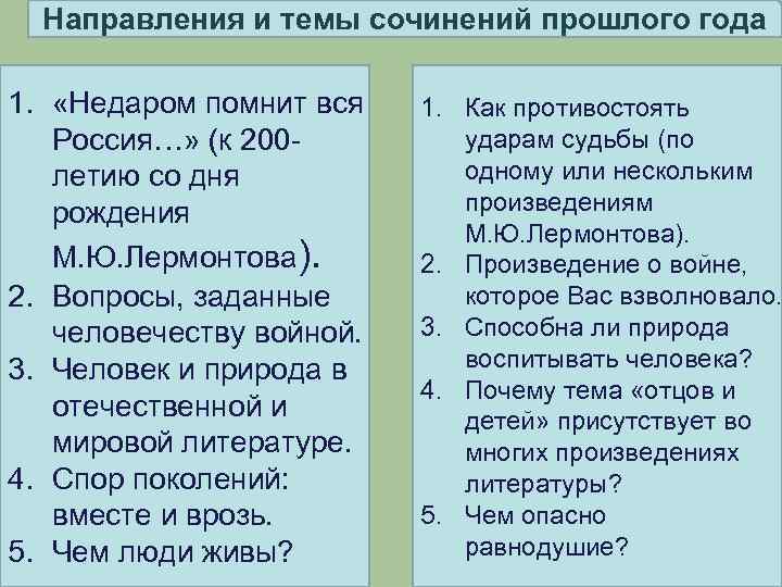 Направления и темы сочинений прошлого года 1. «Недаром помнит вся Россия…» (к 200 летию