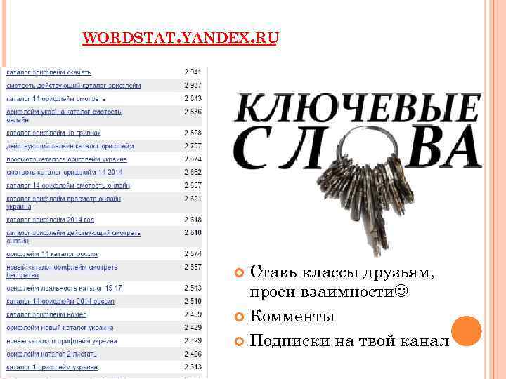 WORDSTAT. YANDEX. RU Ставь классы друзьям, проси взаимности Комменты Подписки на твой канал 