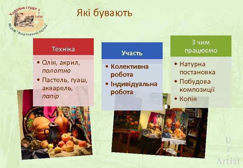 Які бувають Техніка • Олія, акрил, полотно • Пастель, гуаш, акварель, папір Участь •