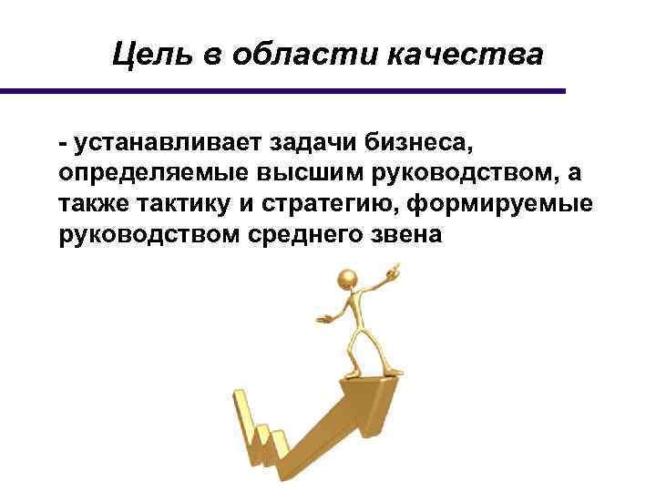 Цель в области качества - устанавливает задачи бизнеса, определяемые высшим руководством, а также тактику