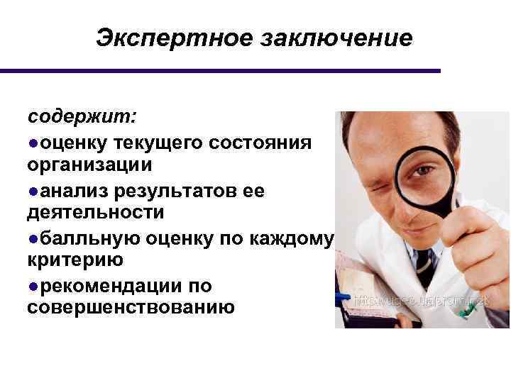 Экспертное заключение содержит: ●оценку текущего состояния организации ●анализ результатов ее деятельности ●балльную оценку по