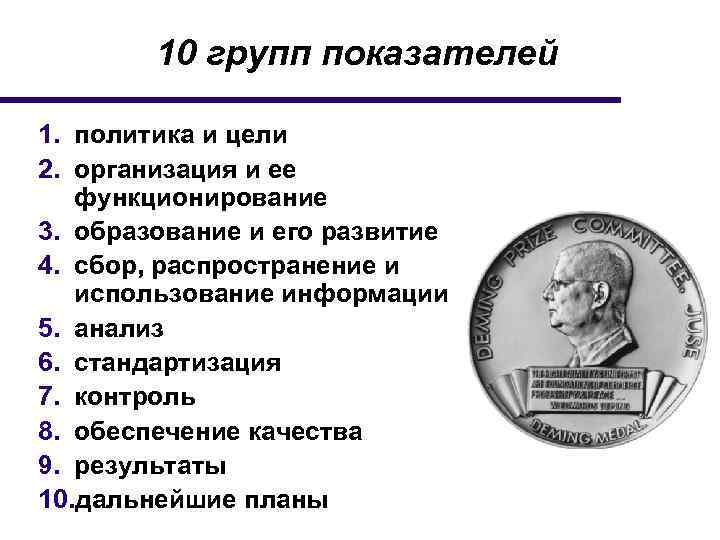 10 групп показателей 1. политика и цели 2. организация и ее функционирование 3. образование