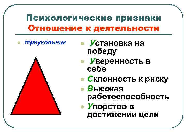 Психологические признаки Отношение к деятельности l треугольник l l l Установка на победу Уверенность