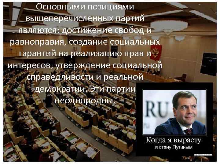 Основными позициями вышеперечисленных партий являются: достижение свобод и равноправия, создание социальных гарантий на реализацию