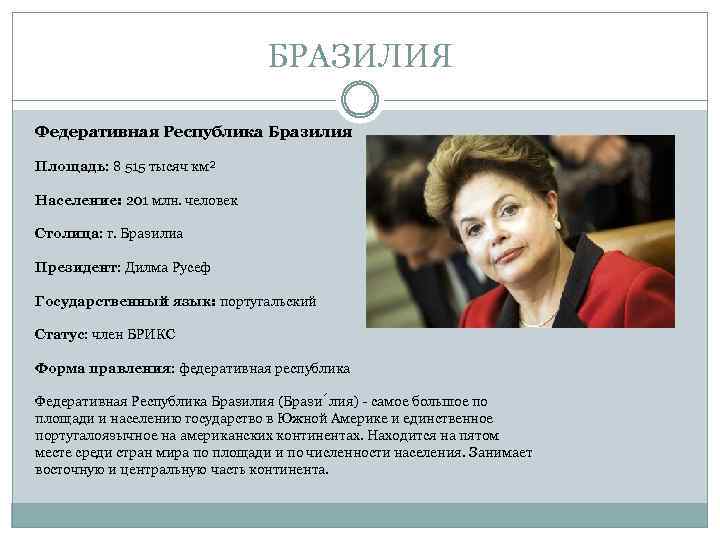 БРАЗИЛИЯ Федеративная Республика Бразилия Площадь: 8 515 тысяч км² Население: 201 млн. человек Столица: