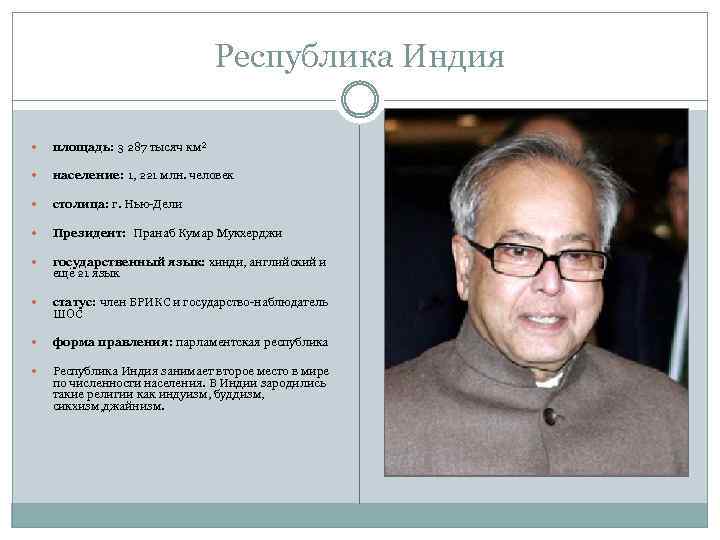 Республика Индия площадь: 3 287 тысяч км² население: 1, 221 млн. человек столица: г.