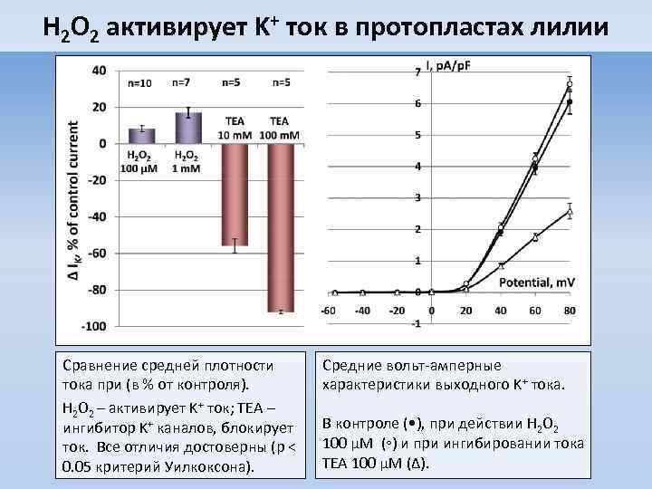 H 2 O 2 активирует K+ ток в протопластах лилии Сравнение средней плотности тока