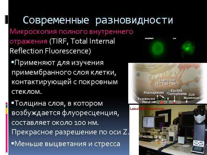 Современные разновидности Микроскопия полного внутреннего отражения (TIRF, Total Internal Reflection Fluorescence) Применяют для изучения