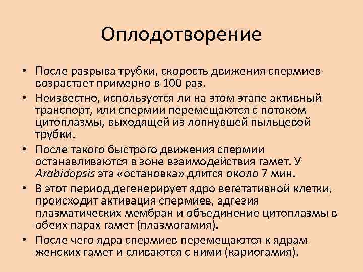 Оплодотворение • После разрыва трубки, скорость движения спермиев возрастает примерно в 100 раз. •