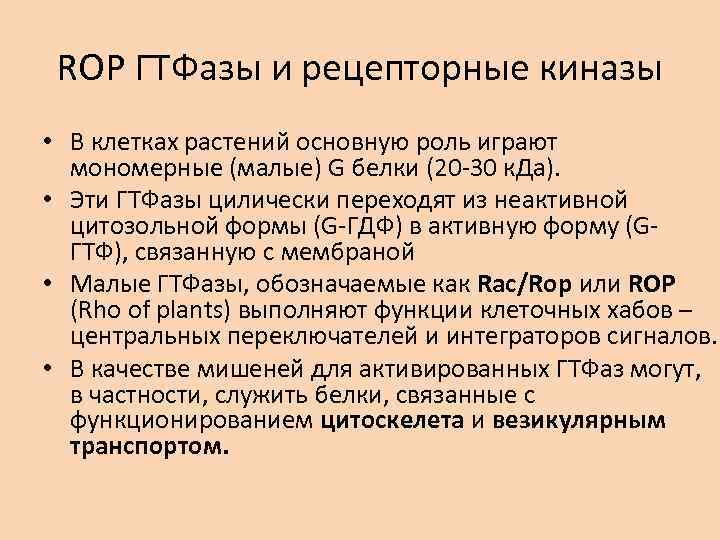 ROP ГТФазы и рецепторные киназы • В клетках растений основную роль играют мономерные (малые)