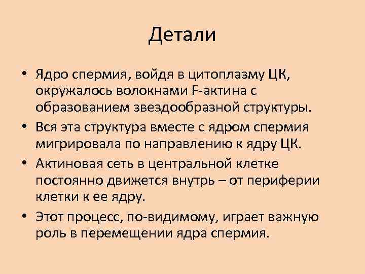 Детали • Ядро спермия, войдя в цитоплазму ЦК, окружалось волокнами F-актина с образованием звездообразной