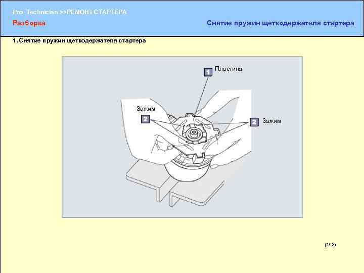 Pro Technician >>РЕМОНТ СТАРТЕРА Разборка Снятие пружин щеткодержателя стартера 1. Снятие пружин щеткодержателя стартера
