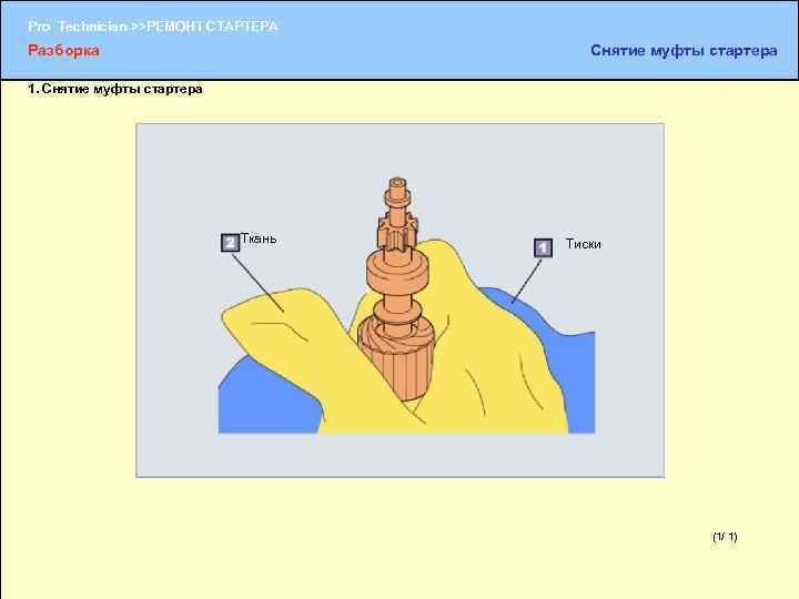 Pro Technician >>РЕМОНТ СТАРТЕРА Разборка Снятие муфты стартера 1. Снятие муфты стартера Ткань Тиски