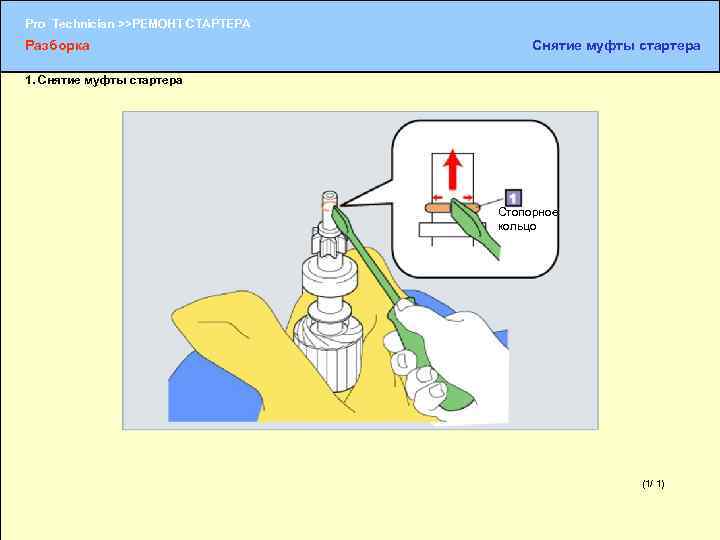 Pro Technician >>РЕМОНТ СТАРТЕРА Разборка Снятие муфты стартера 1. Снятие муфты стартера Стопорное кольцо