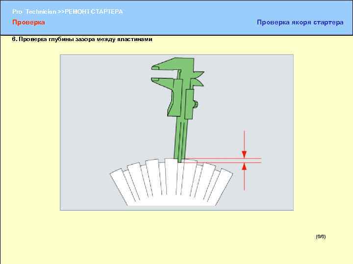 Pro Technician >>РЕМОНТ СТАРТЕРА Проверка якоря стартера 6. Проверка глубины зазора между пластинами (6/6)