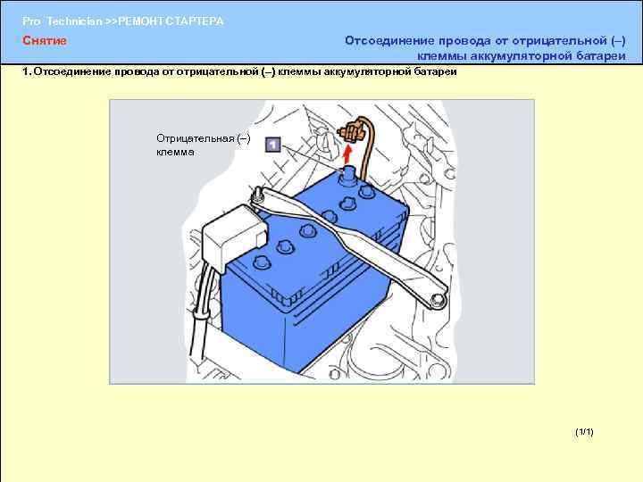 Pro Technician >>РЕМОНТ СТАРТЕРА Снятие Отсоединение провода от отрицательной (–) клеммы аккумуляторной батареи 1.