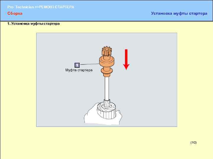 Pro Technician >>РЕМОНТ СТАРТЕРА Сборка Установка муфты стартера 1. Установка муфты стартера Муфта стартера