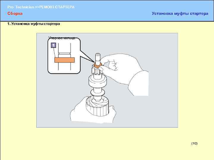 Pro Technician >>РЕМОНТ СТАРТЕРА Сборка Установка муфты стартера 1. Установка муфты стартера Упорное кольцо