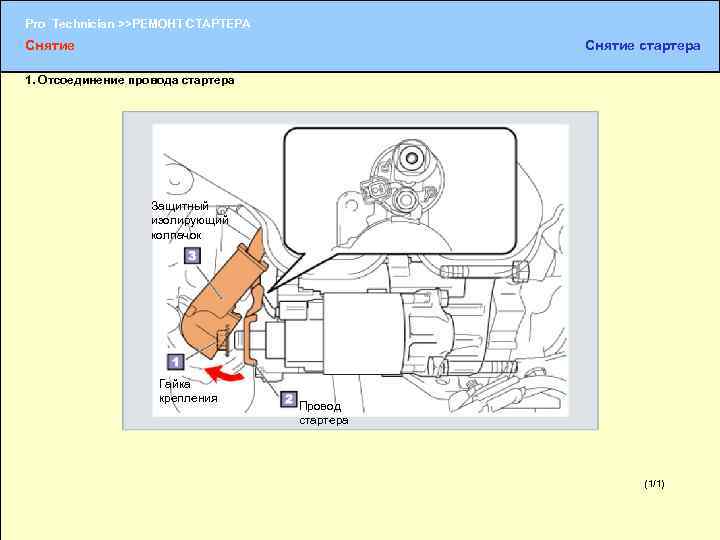 Pro Technician >>РЕМОНТ СТАРТЕРА Снятие стартера 1. Отсоединение провода стартера Защитный изолирующий колпачок Гайка
