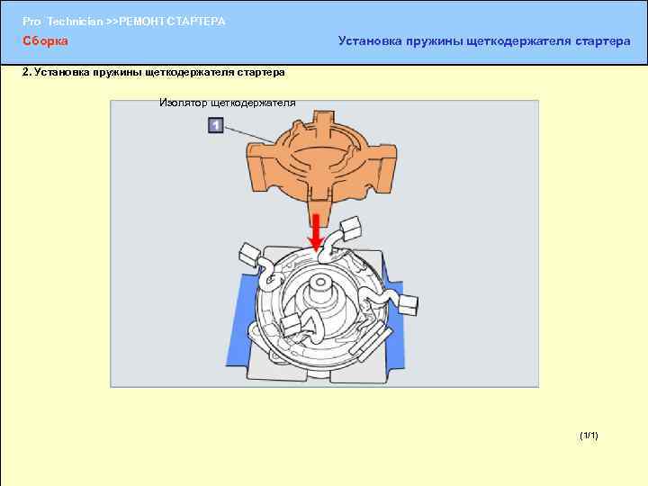 Pro Technician >>РЕМОНТ СТАРТЕРА Сборка Установка пружины щеткодержателя стартера 2. Установка пружины щеткодержателя стартера