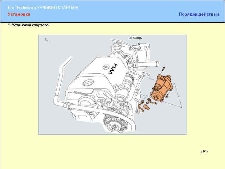 Pro Technician >>РЕМОНТ СТАРТЕРА Установка Порядок действий 1. Установка стартера (1/1) (1/2) 