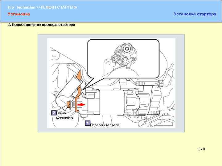 Pro Technician >>РЕМОНТ СТАРТЕРА Установка стартера 3. Подсоединение провода стартера Гайка крепления Провод стартера