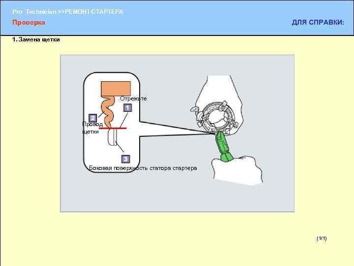 Pro Technician >>РЕМОНТ СТАРТЕРА Проверка ДЛЯ СПРАВКИ: 1. Замена щетки Отрежьте Провод щетки Боковая