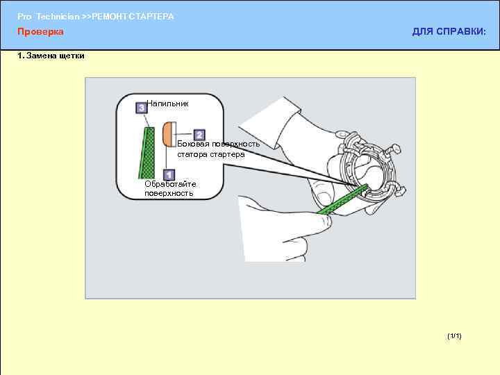 Pro Technician >>РЕМОНТ СТАРТЕРА Проверка ДЛЯ СПРАВКИ: 1. Замена щетки Напильник Боковая поверхность статора