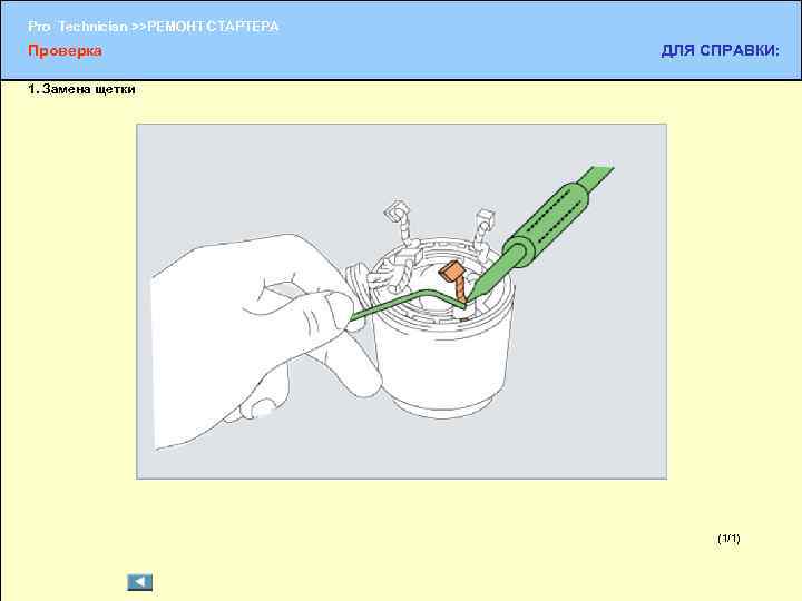 Pro Technician >>РЕМОНТ СТАРТЕРА Проверка ДЛЯ СПРАВКИ: 1. Замена щетки (1/1) (1/2) 