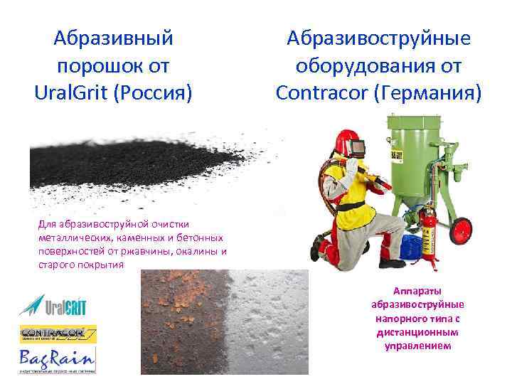 Абразивный порошок от Ural. Grit (Россия) Абразивоструйные оборудования от Contracor (Германия) Для абразивоструйной очистки